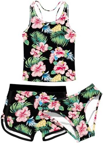 uideazone Girls 3 Piece Bathing Suit Summer UPF 50+ Racerback Swimsuit with Shorts Beach Tankini Sets 8-16 Years