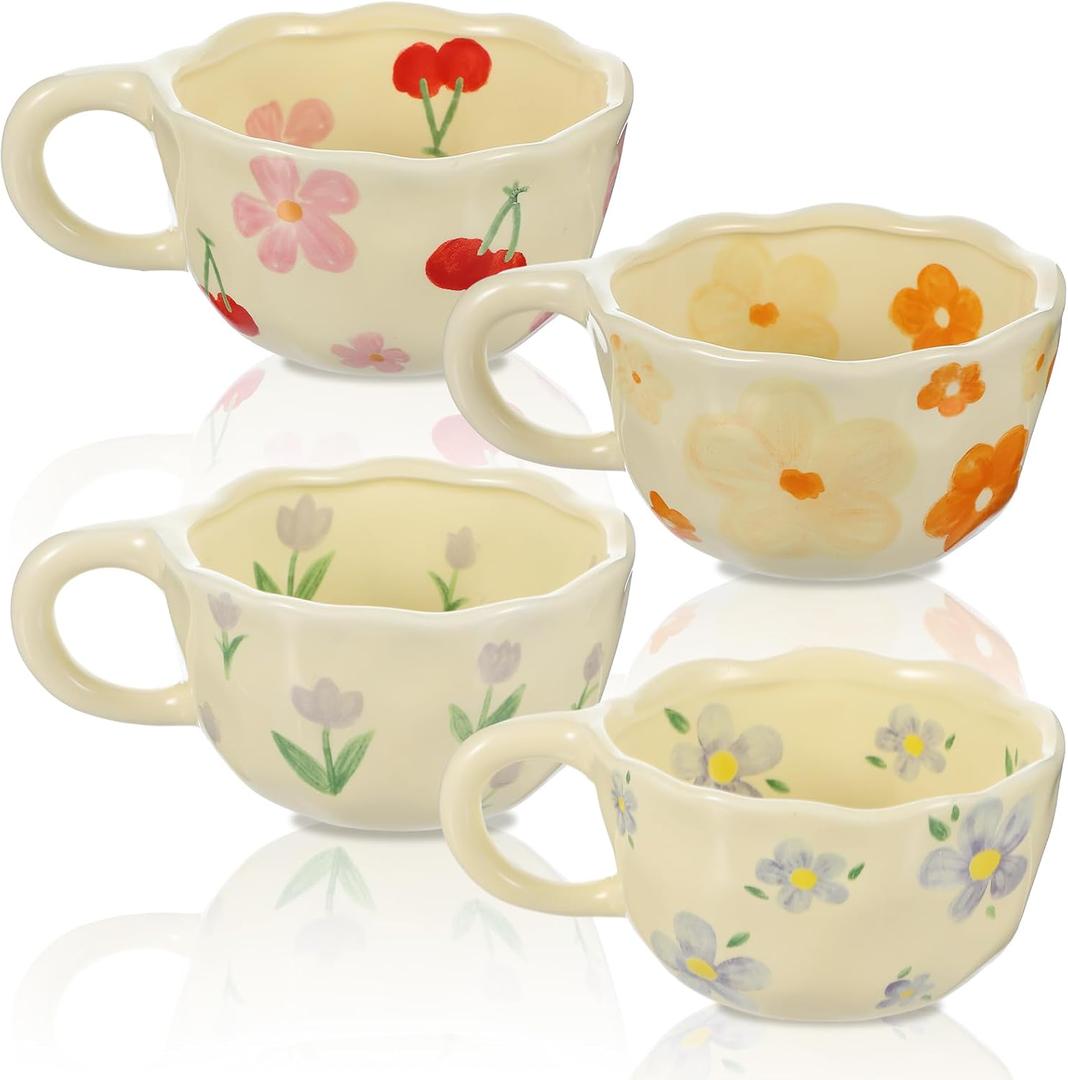 4 Styles Cute Ceramic Flower Coffee Mug Set 8.5 oz Vintage Aesthetic Porcelain Floral Tea Coffee Cup with Handle Dishwasher Microwave Safe for Thanksgiving Christmas Gifts for Women Gifts