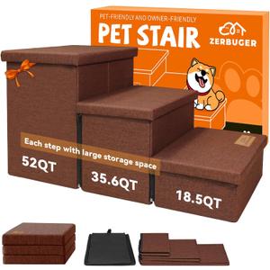 Dog Stairs with Storage 18" H, 3-Step Wider Dog Steps for Small/Medium/Large Old Dogs Cats, Folding Sturdy Pet Stairs Climbing Bed Couch, Ramp for Car Hold Up to 200 lbs (Brown, No Condo)