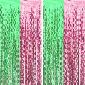 Cyxevous Green Pink Tinsel Curtains, Wavy Foil Fringe Curtain Photo Booth Foil Curtain Backdrop Green Pink Theme Birthday Party Backdrop 2 Pcs 3.2 inch  6.6 inch