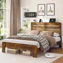 Bellemave Rustic Queen Size Bed Frame with Charging Station and Headboard, Wooden Platform Bed Frame Queen Size with LED Lights and Wood Slats, Easy Assembly, Rustic Brow