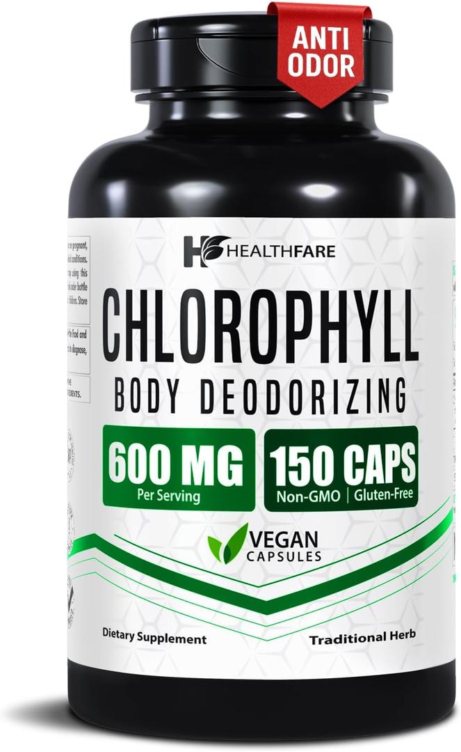 Healthfare Chlorophyll Capsules 600mg | Internal Deodorant & Body Odor Support | 150 Veg Pills for Women & Men | Premium Plant-Based Supplement | Vegan, Non-GMO, Gluten-Free | Made in USA