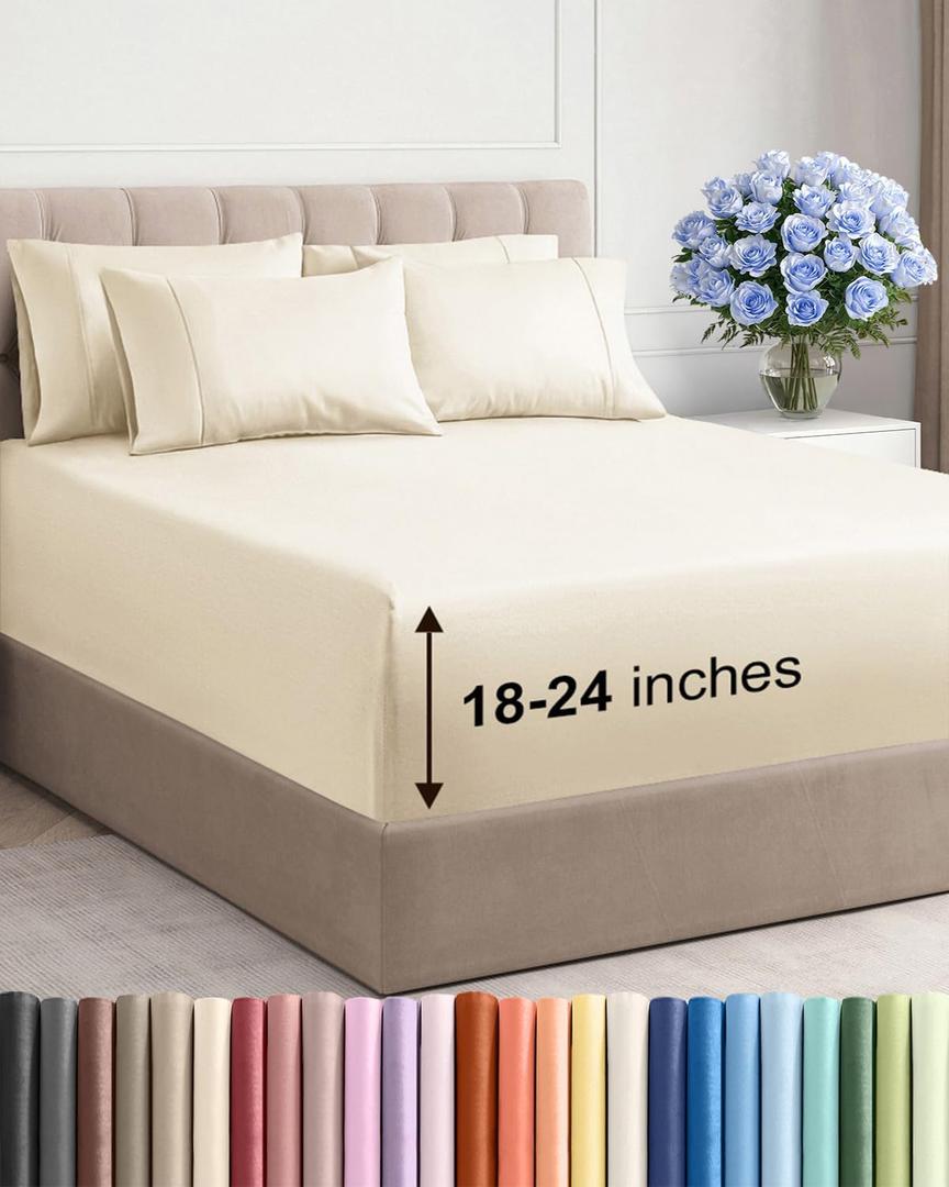 Extra Deep King Sheet Set - 6 Piece Breathable & Cooling Sheets - Hotel Luxury Bed Sheets Set - Easy & Secure Fit - Soft, Wrinkle Free & Comfy Sheets Set - Off White Sheet Set with Extra Deep Pockets