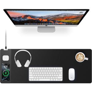 Magnetic Wireless Charging Mouse Pad, 27.5"x11.8" Gaming Desk Mat with Superior Stitched Edges, Non-Slip Base, Waterproof Smooth Desk Writing Pad for Gamer, Office & Home, Black