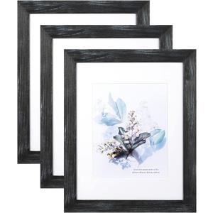KAIWIN 100% Solid Wood Black 11x14 Picture Frame 3 Pack Display Picture 8x10 with Mat, Rustic Wooden Photo Frames for Wall Mounting