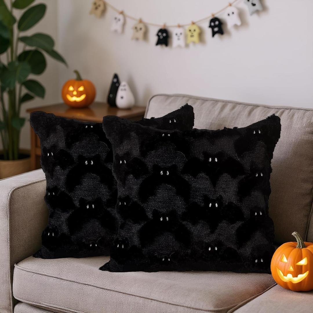 Fall Halloween Ghost Throw Pillow Covers 18x18 Set of 2 - Cute Ghost Horror Decor Pillow Cases - Faux Fur Decorative Pillows for Home Couch - Spooky Hallowen Party Decorations Indoor - Black Bat