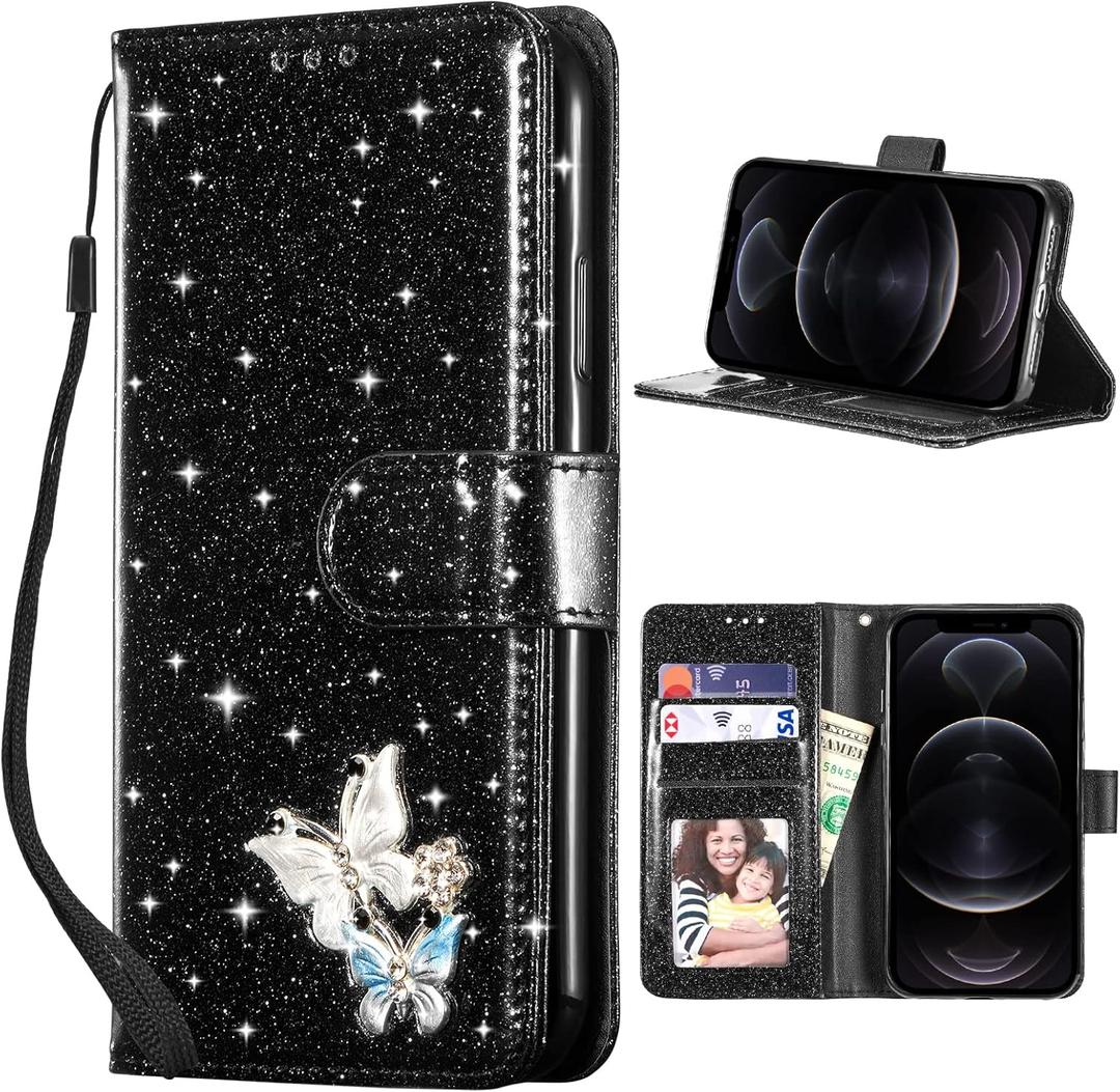 UEEBAI Wallet Case for iPhone 17, Glitter PU Leather Phone Cover Card Slots Kickstand Wallet Magnetic Closure Bling Flip Case Shockproof Hand Strap Flip Cover - Black