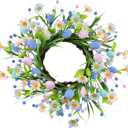 Spring Easter Wreaths for Front Door in 16 inch, Artificial Daisy Easter Egg Decorative,Farmhouse Spring Decorations, Front Door, Wall, Wedding, Easter,Spring(Blue&Pink)