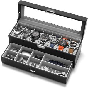 Watch Case Box for Men - 7 SLots Watches Storage Organizer Real-Glass Display Case with Jewelry Drawer 2-Layer PU Leather Collection Holder Gift for Loved Ones Black
