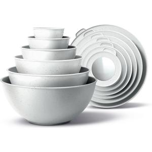COOK WITH COLOR Mixing Bowls with TPR Lids - 12 Piece Plastic Nesting Bowls Set includes 6 Prep Bowls and 6 Lids, Microwave Safe Mixing Bowl Set (Speckled White)