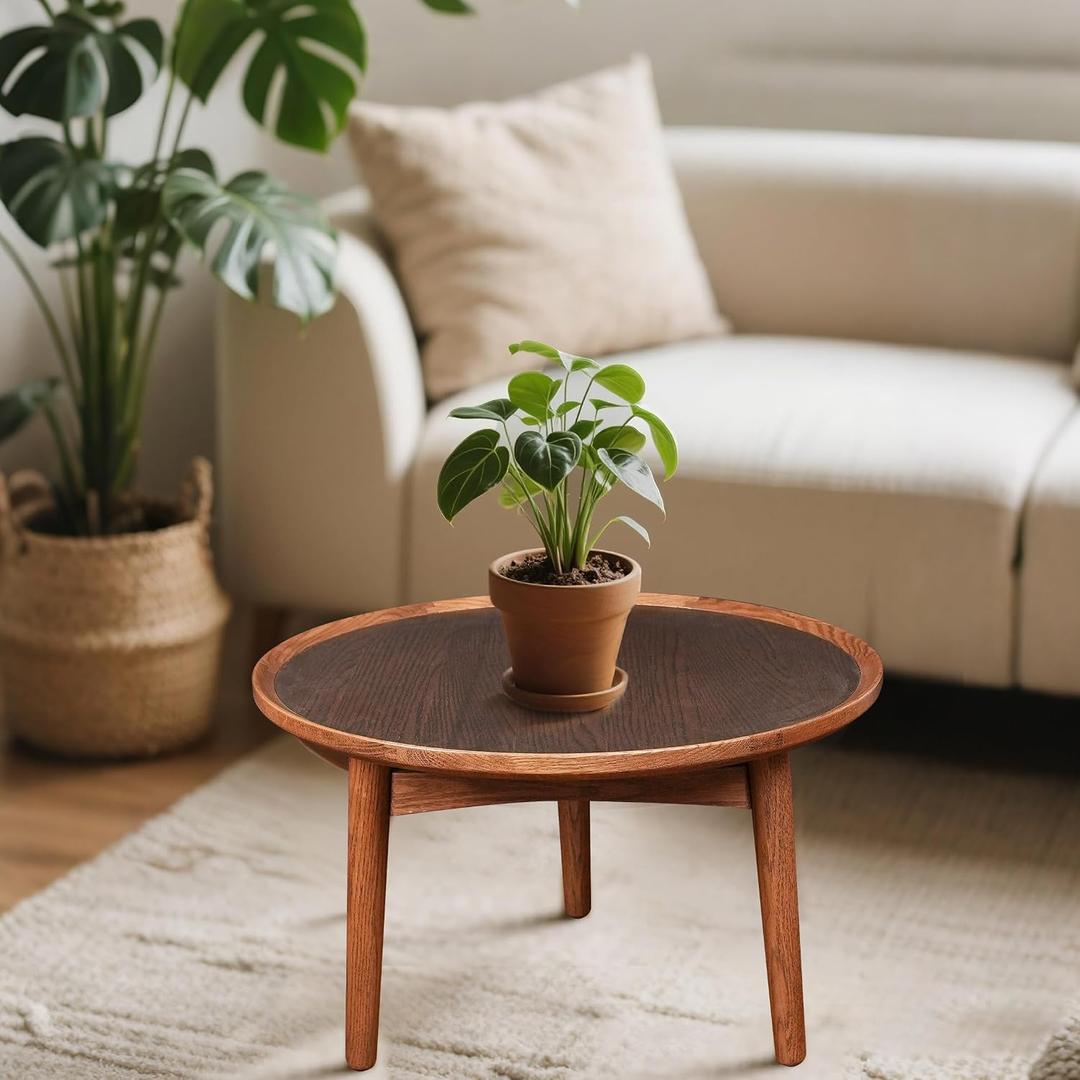 24 Round Coffee Table, Solid Oak Frame & Veneer Top, USA Grown Hardwood, Modern Living Room, Lounge Side Table (Single Large Piece)