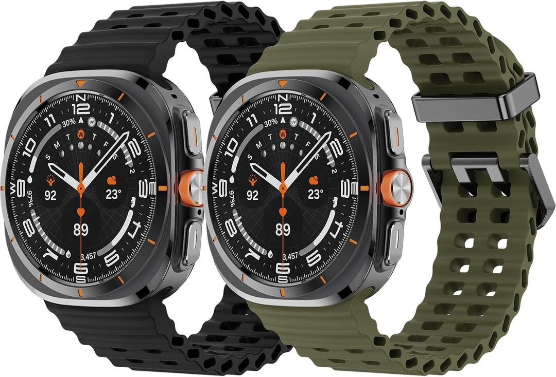 2 x 2 Pack Ocean Bands Compatible with Samsung Galaxy Watch Ultra 47mm (2025/2024) Women Men, Adjustable Breathable Silicone Strap for Galaxy Watch Ultra Bands (Black/Army Green)