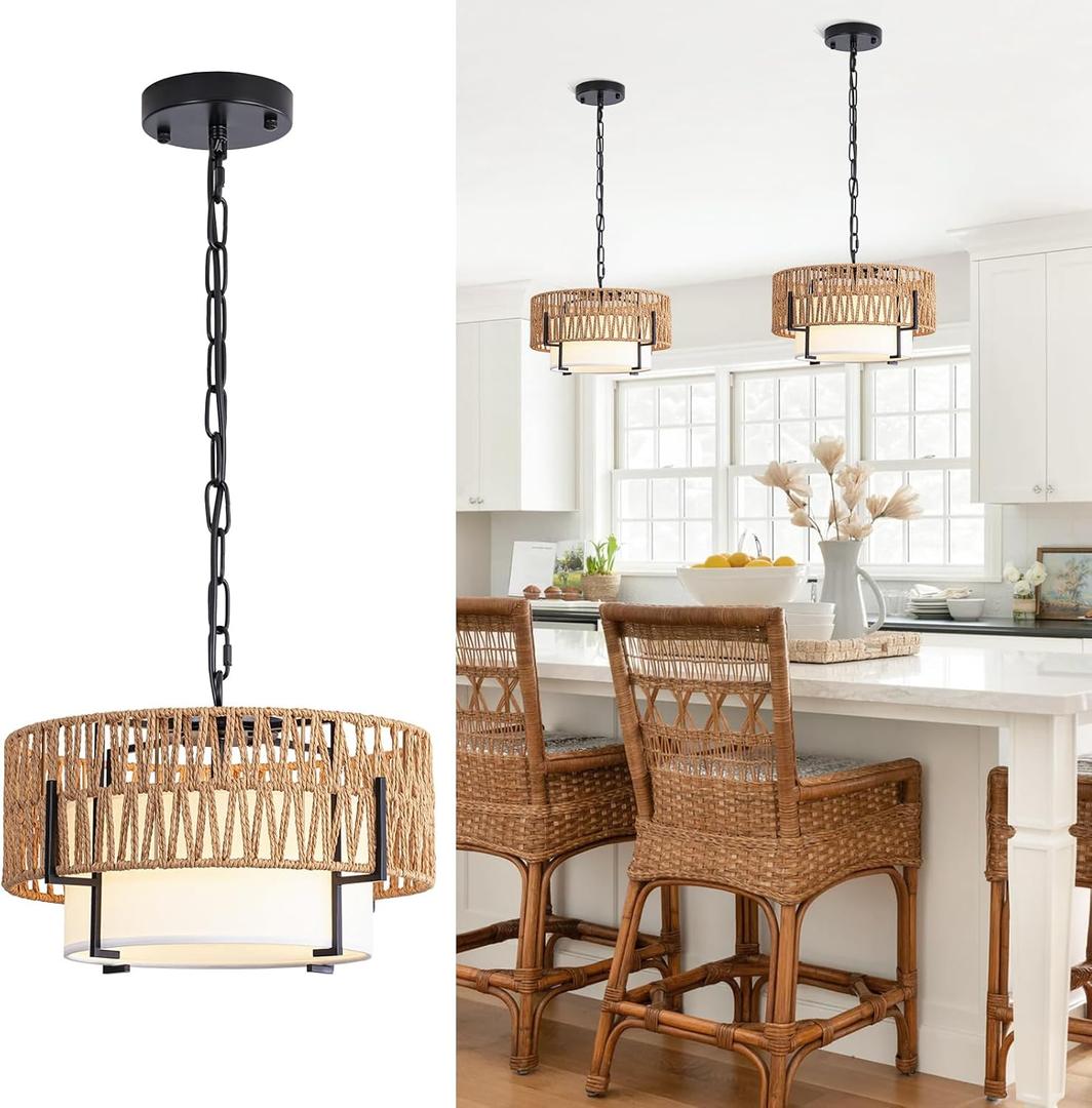 Rattan Pendant Light, 12.6" Boho Chandelier with Fabric Shade, Farmhouse Hanging Light Fixture Chandelier for Dining Room, Living Room, Bedroom, Kitchen Island, Foyer, Hallway