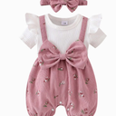Newborn Baby Girls Outfit Corduroy Floral Bow Jumpsuit Short Sleeve Ruffle Romper+Headband Cute Fall Winter Clothes, 6-9 Months 