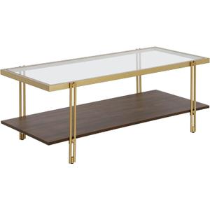 Henn&Hart 45" Wide Rectangular Coffee Table with MDF Shelf in Brass/Walnut, Modern coffee tables for living room, studio apartment essentials