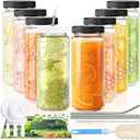 8 Pack 16oz Glass Juice Bottles with Lids - Juicing Bottles with Thickened Leakproof Caps & Custom Designs, High-Clarity Reusable Glass Bottles for Juicing, Smoothies, Kombucha and Iced Coffee