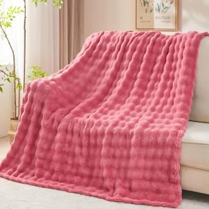 NEWCOSPLAY Twin Blanket for Couch Coral Pink Super Soft Flannel Fleece 3D Bubble Lightweight Bed Blanket All Season Use (Coral Pink, Twin(60"x80"))
