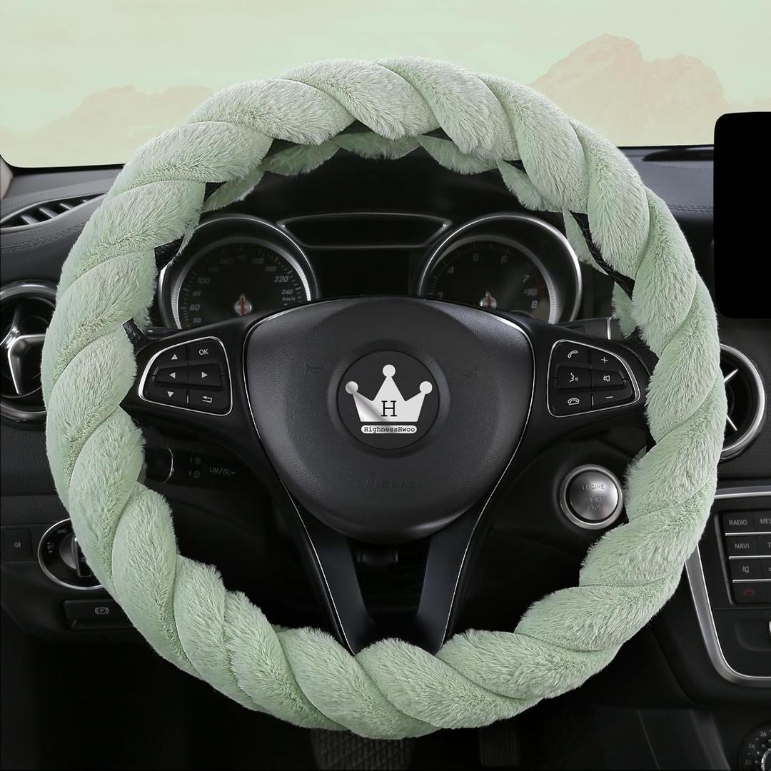 Luxury Fluffy Winter Car Steering Wheel Cover for Women Soft Warm Plush Cute Auto Accessories for Vehicle, Sedan, Universal, Fuzzy, Anti Slip, Green, Standard Size, 14.75-15.15"