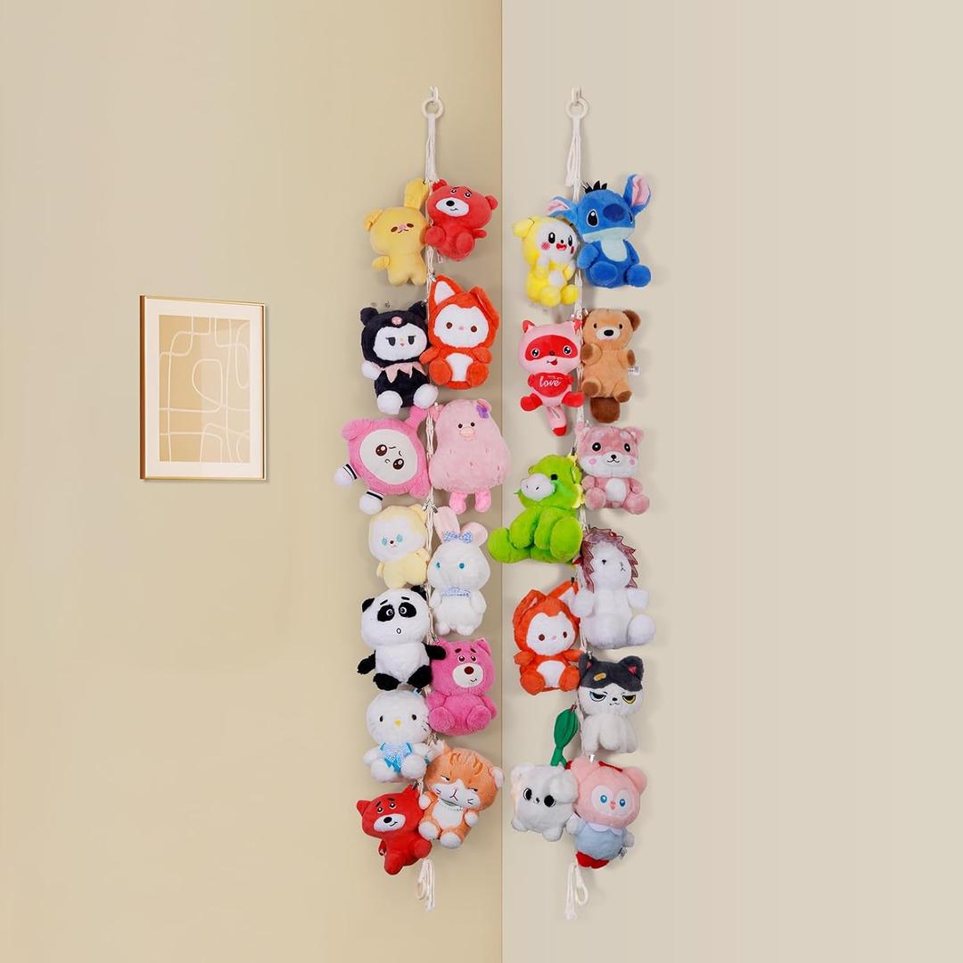 2 Pack Stuffed Animal Storage Chain Boho Room Decor, Hanging Stuffed Animal Holder with 20 Metal Clips, Macrame Plush Toy Corner Organizer for Kids Baby Nursery Bedroom Playroom Wall Decor