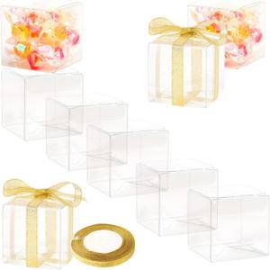 GTYOPR 36PCS 2x2x2 Inches Clear Favor Boxes, Small Plastic Party Favors Gift Box with Ribbons, Individual Candy Boxes Macaron Treat Cake Dessert
