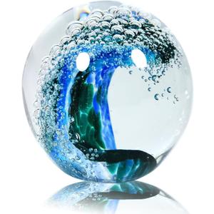 Hand Blown Glass Figurines Ball: Ocean Wave Design Glass Paper Weights, Beach Decorations for Home - Unique Ocean Themed Bathroom Decor and Gift for Ocean Lovers (Green)