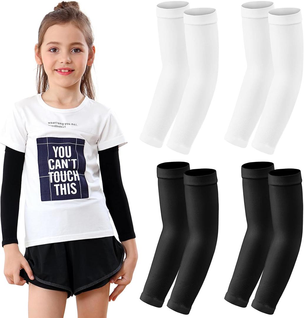 Newbyinn Kid Arm Sleeve 4 Pairs, Compression Arm Sleeve for Basketball Football Baseball Volleyball Youth Boy Girl Sports