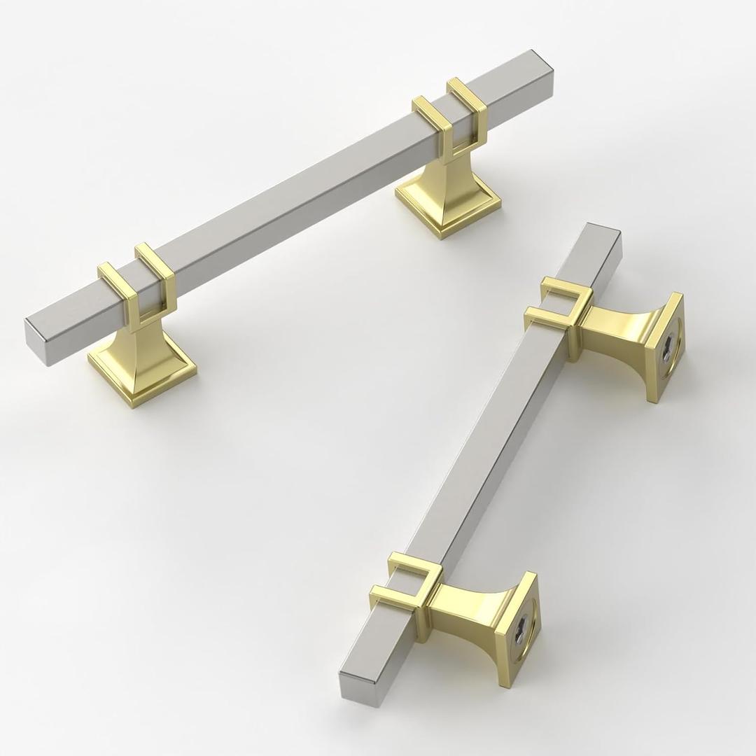 10 Pack 3.75 Inch Cabinet Pulls Brushed Satin Nickel Kitchen Cabinet Handles Cabinet Hardware Kitchen Handles for Cabinets Nickel Pulls T Bar Drawer Handle (3.75"/96MM Hole Center, Gold-Brushed Nickel)