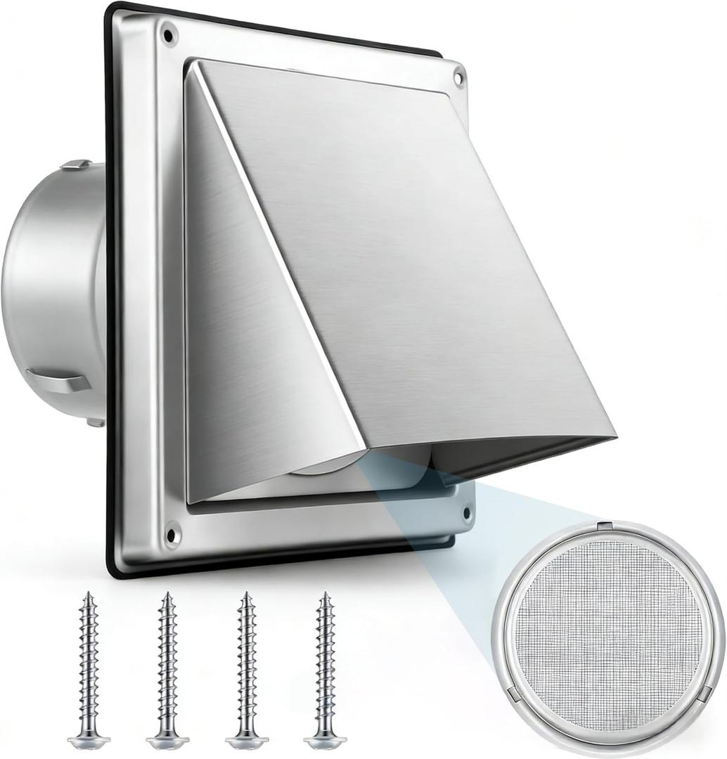 4-Inch External Extractor Wall Vent Cushioned Non Return Flap, Brushed 304 SS Wall Mount Exhaust Hood with Mesh Screen, Built-in Filter