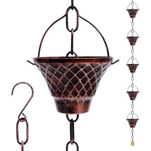 8.5 ft Rain Chain for Gutters, Decorative Metal Rain Catcher with 12 Vintage Cups, Gutter Chain Downspout for Patio, Garden, Porch & Eaves