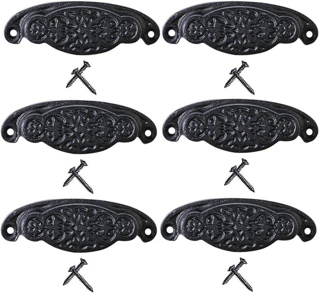Renovators Supply Manufacturing Cabinet Pulls3 3/4 in. Black Wrought Iron Floral Design Ring Drawer Pulls with Mounting Hardware Pack of 6