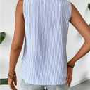 Women's Button Asymmetrical V Neck Striped Print Blouses Casual Sleeveless Tank Top Summer Shirt Tops (Blue, L)