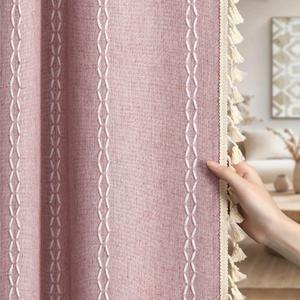 Boho Blackout Curtains 2 Panels 84 Inch for Living Room Bedroom,Pink Linen Texture Farmhouse Curtains with Tassels and Cotton Embroidery Vintage Rustic Western Rod Pocket