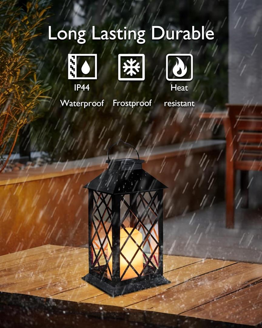 Homemory Solar Lantern Outdoor Waterproof Hanging with Flickering Flameless Candle, 13'' Garden Outdoor Lantern Decorative for Patio Front Porch Backyard Balcony Cabin Outside Table (1ct, Black)