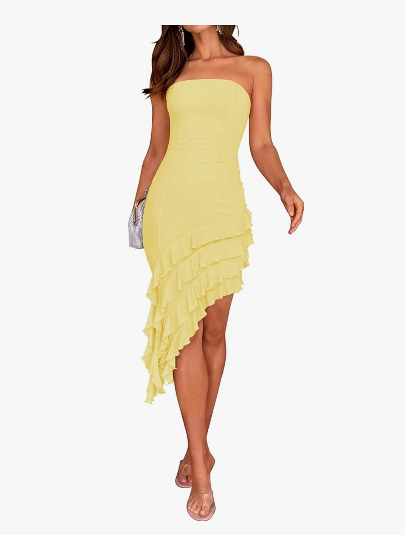 ZESICA Women's 2025 Summer Strapless Bodycon Tube Dress Sexy Off Shoulder Mesh Irregular Ruffle Backless Party Midi Dresses S