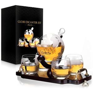 flybold Whiskey Globe Decanter and Glass Set Antique Ship Masterpiece Great Gift for Men 28 oz 850 ml 4 globe Glasses for Whisky Brandy Scotch Bourbon