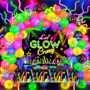 161Pcs Neon Party Decorations Glow in the Dark Birthday Supplies Neon Balloon Arch Kit & Backdrop Tablecloth UV Blacklight Luminous Glow Balloons Kids Teen Adult Rainbow 80s 90s Disco Party Decor