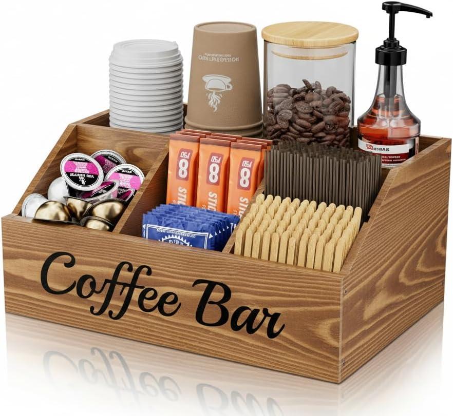 Coffee Station Organizer for Countertop – Wooden Coffee Bar Organizer with Adjustable Dividers,Holds K Cup Pod & syrup bottles, for Kitchen, Office, or Bar and Tea Station, Brown