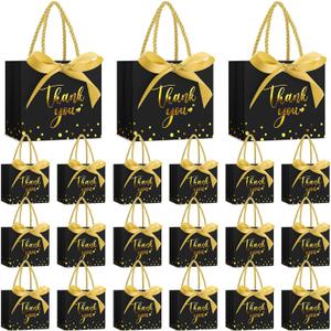 Jetec 45 Pcs Small Thank You Gift Bag Bulk 5.5x4.7x2.5'' Mini Paper Favor Bag with Handle Ribbon for Graduation Mother's Day Baby Shower Wedding Anniversary Birthday Party(Black/Gold)