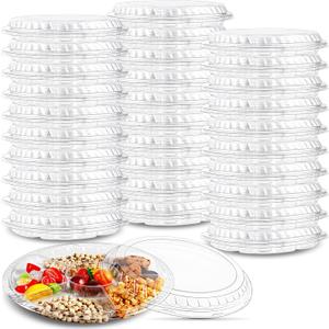 30 PCS Plastic Appetizer Trays with Lids, Disposable Serving Tray with 6 Compartment, 12.3 Inch Clear Round Food Container Platter, Heavy Duty Serving Trays for Salad Veggie Fruit Snack