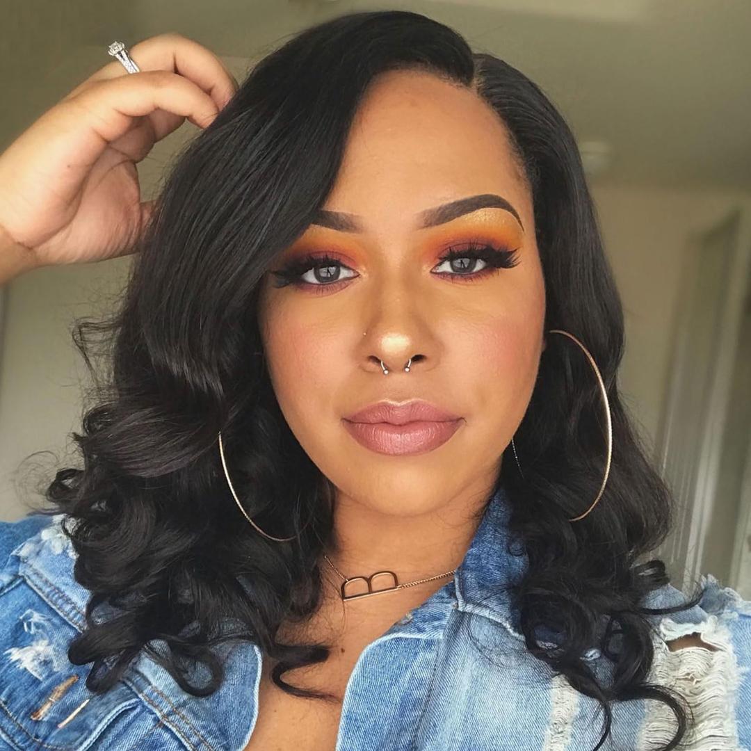 Short Curly Wavy Wig Glueless Loose Wave Wigs Big Curly Lady Side Part Shoulder Length Wigs Synthetic Bob Wavy Wig for Black Women (Black 16 Inch)