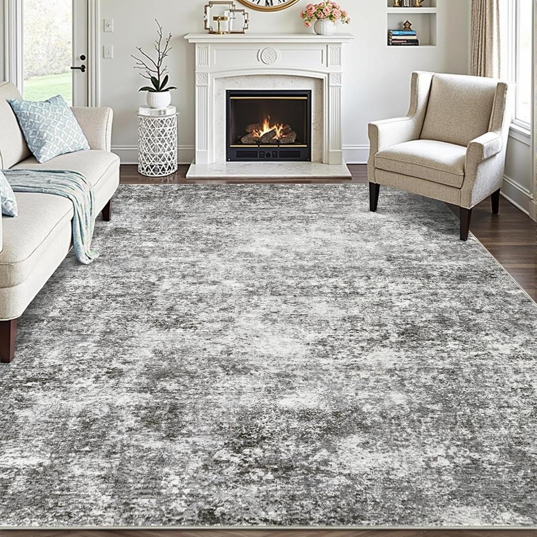 Area Rugs for Living Room: 9x12 Washable Neutral Abstract Rug for Bedroom Large Soft Modern Dining Room Rugs Indoor Floor Low Pile Carpet for Home Office Nursery - Grey