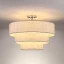 3 Tier 7 Light 24" Cream Linen Drum Fabric Brushed Nickel Semi Flush Mount Light Farmhouse Fixture