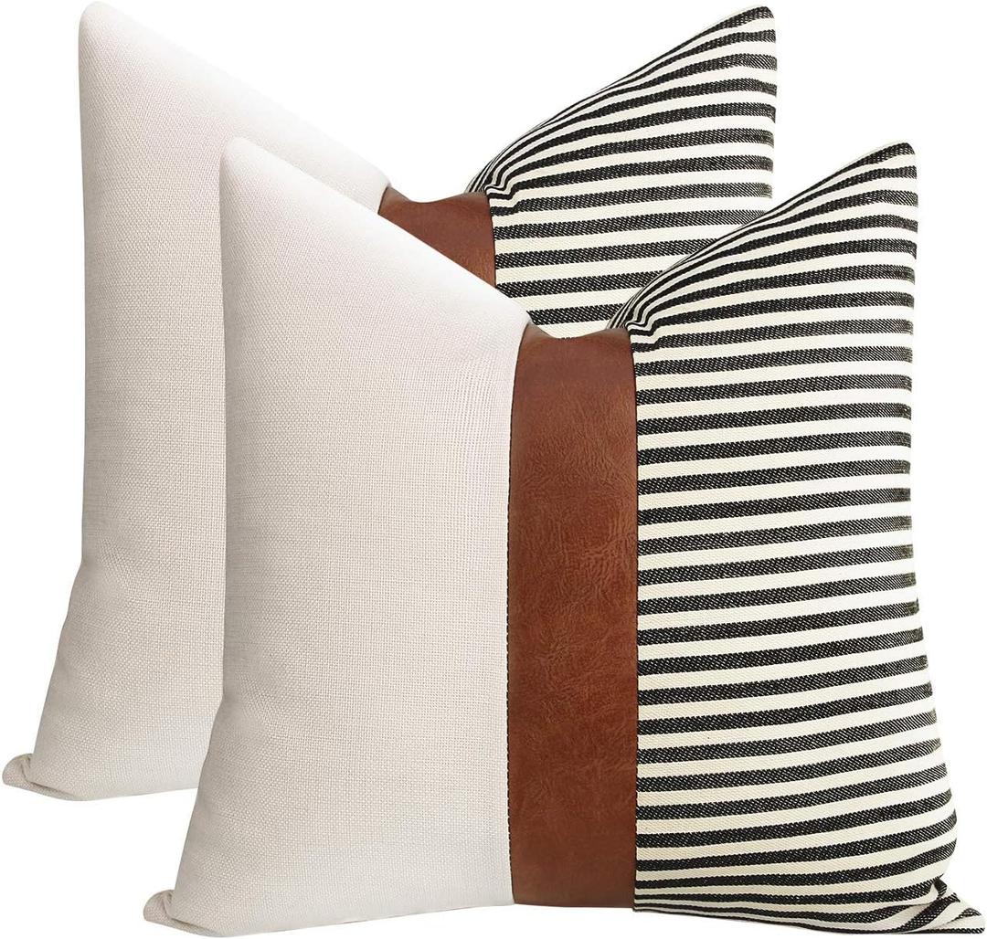 Set of 2 Farmhouse Decor Striped Patchwork Linen Throw Pillow Covers,Modern Brown Faux Leather Accent Pillow Covers 18x18 inch,Black
