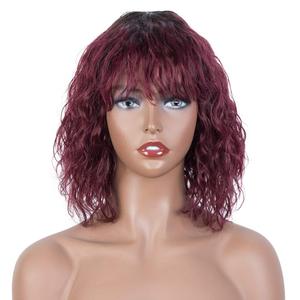 FASHION IDOL Bob Curly Human Hair Wig with Bangs for Black Women 10" Deep Wave Brazilian Virgin Human Hair Short Water Wave Wig 150% Density Ombre Red