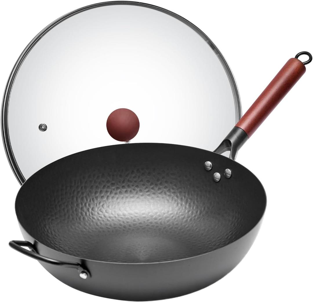 WANGYUANJI Iron Wok,13.4" Chinese Craft Wok with Lid Flat Bottom Stir Fry Pan,Chemical-free Wok Pan for All Stoves,Wrought Iron Wok Pure Iron Cookware