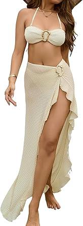 SherryDC Womens Sexy Bandeau 3 Piece Bikini Sets Halter High Cut Swimsuit Bathing Suit with Drawstring Long Skirt (Small, 191-black) SherryDC Womens Sexy Bandeau 3 Piece Bikini Sets Halter High Cut Swimsuit Bathing Suit with Drawstring Long Skirt (Small, 191-black)