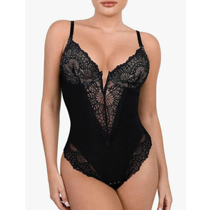 Black Lace Bodysuits for Women Body Suits Tummy Control Seamless Sculpting Snatched Waist Backless Shapewear Thong, Large