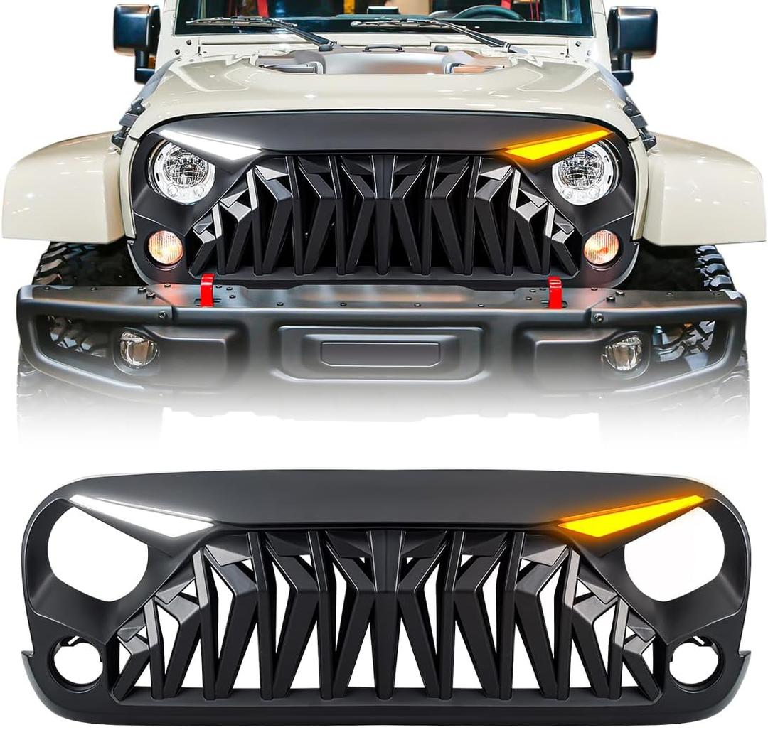 Front Grill Compatible with 2007-2018 Jeep Wrangler JK JKU, Shark Grille w/DRL Turn Signal Lights, Matte Black