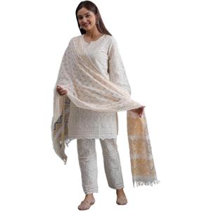 Chikankari Kurtis for Women Pakistani Salwar Kameez Suit Set Indian Dresses White Kurti Pant & Dupatta Set (Large)