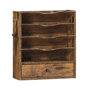 HOOBRO Wall File Organizer, Mail Organizer Wall Mounted, Wooden Literature Organizer, Construction Paper Organizer with Drawer Storage and 2 Hooks, for Office, Classroom, Home, Rustic Brown FG14WF01